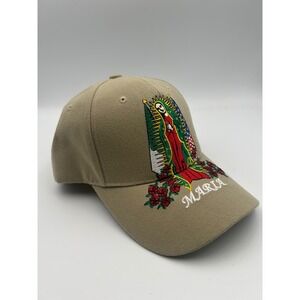 Blue Ocean Virgin Mary Maria Embroidered Hat Tan Khaki Adjustable Baseball Cap